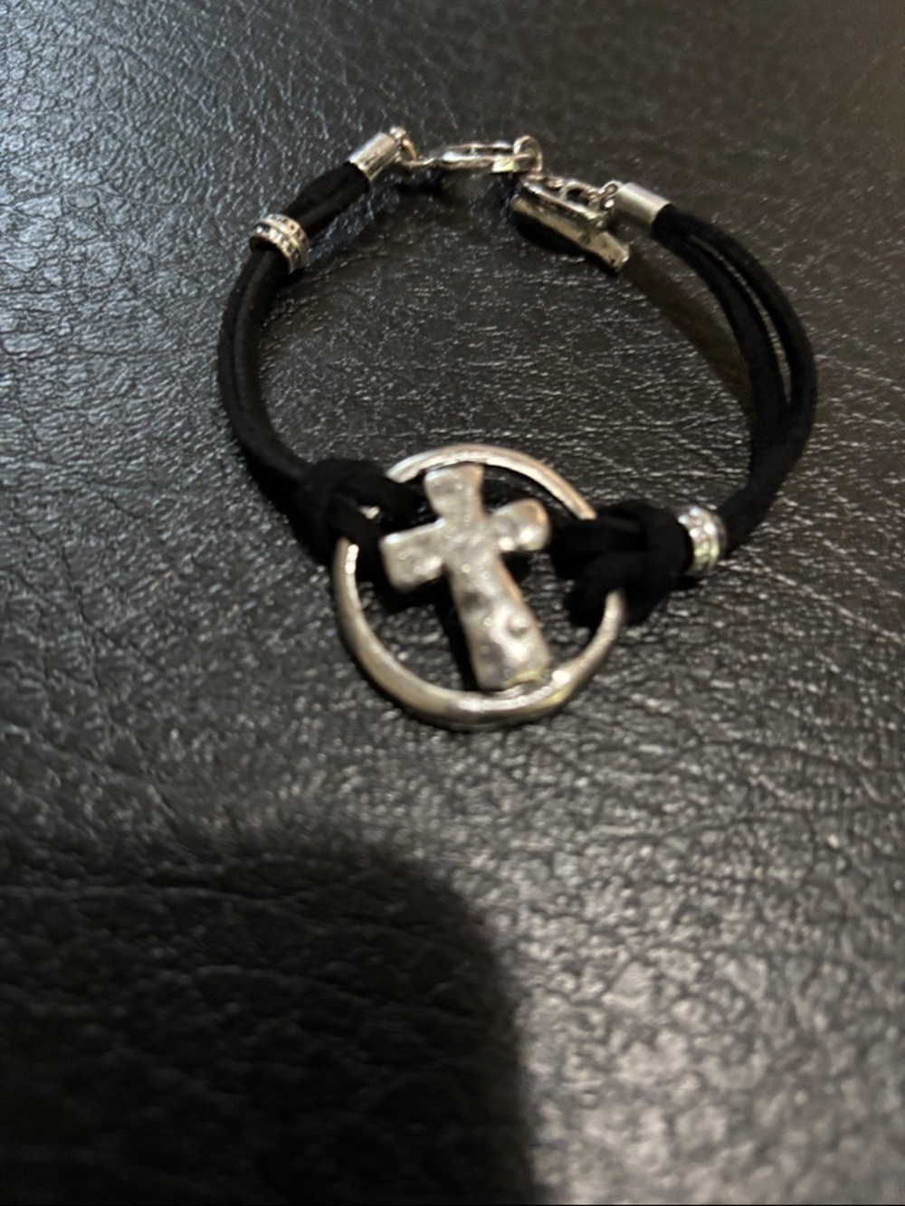 Cross Circle Silver Tone Pendant Black Cord Bracelet NWOT